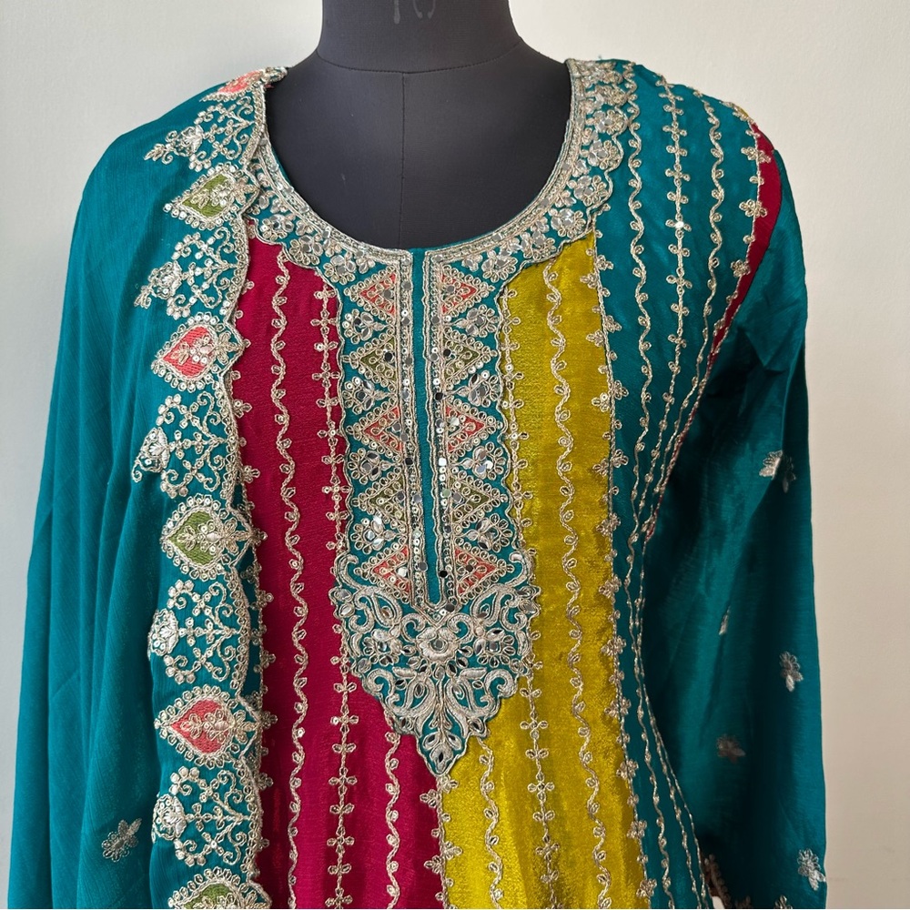 Teal Anarkali Palazzo Set w/ Dupatta | Embroidered Zari Ethnic - Picture 9 of 16